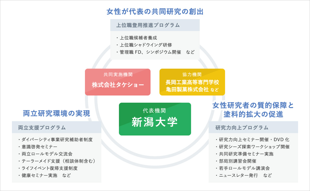 女性が代表の共同研究の創出は上位職登用推進プログラムが担います。上位職登用プログラムは上位職候補養成、上位職シャドウイング研修、管理職FD、シンポジウム開催があります。女性研究者の質的保障と塗料的拡大の促進は研究力向上プログラムが担います。研究力向上プログラムは、研究力向上セミナー開催・DVD化、研究シーズ探索ワークショップ開催、共同研究準備セミナー実施、部局別講習会開催、若手ロールモデル講演会、ニュースレター発行などがあります。両立研究環境の実現は両立支援プログラムが担います。両立支援プログラムはダイバーシティ事業研究補助者精度、意識啓発セミナー、両立ロールモデル交流会、テーラーメイド支援(相談体制含む)、ライフイベント復帰支援制度、健康セミナーの実施などがあります。共同実施機関は株式会社タケショー、協力機関は長岡工業高等専門学校・亀田製菓株式会社など、代表機関は新潟大学です。